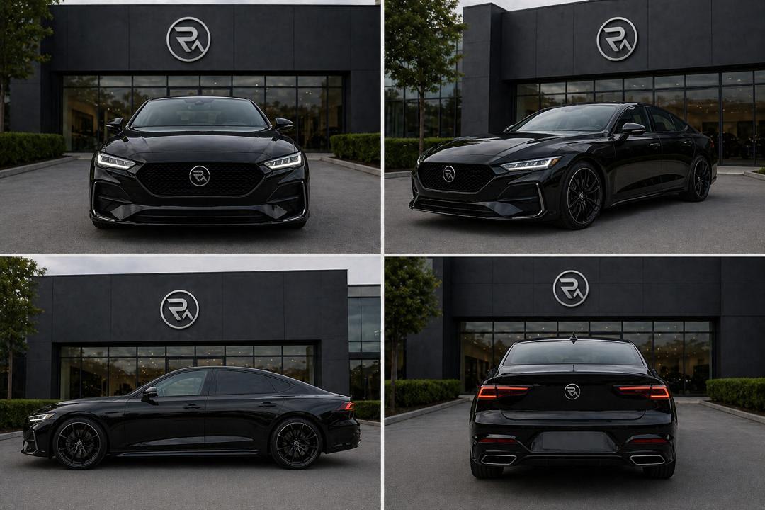 Black electric performance sedan shown from multiple angles